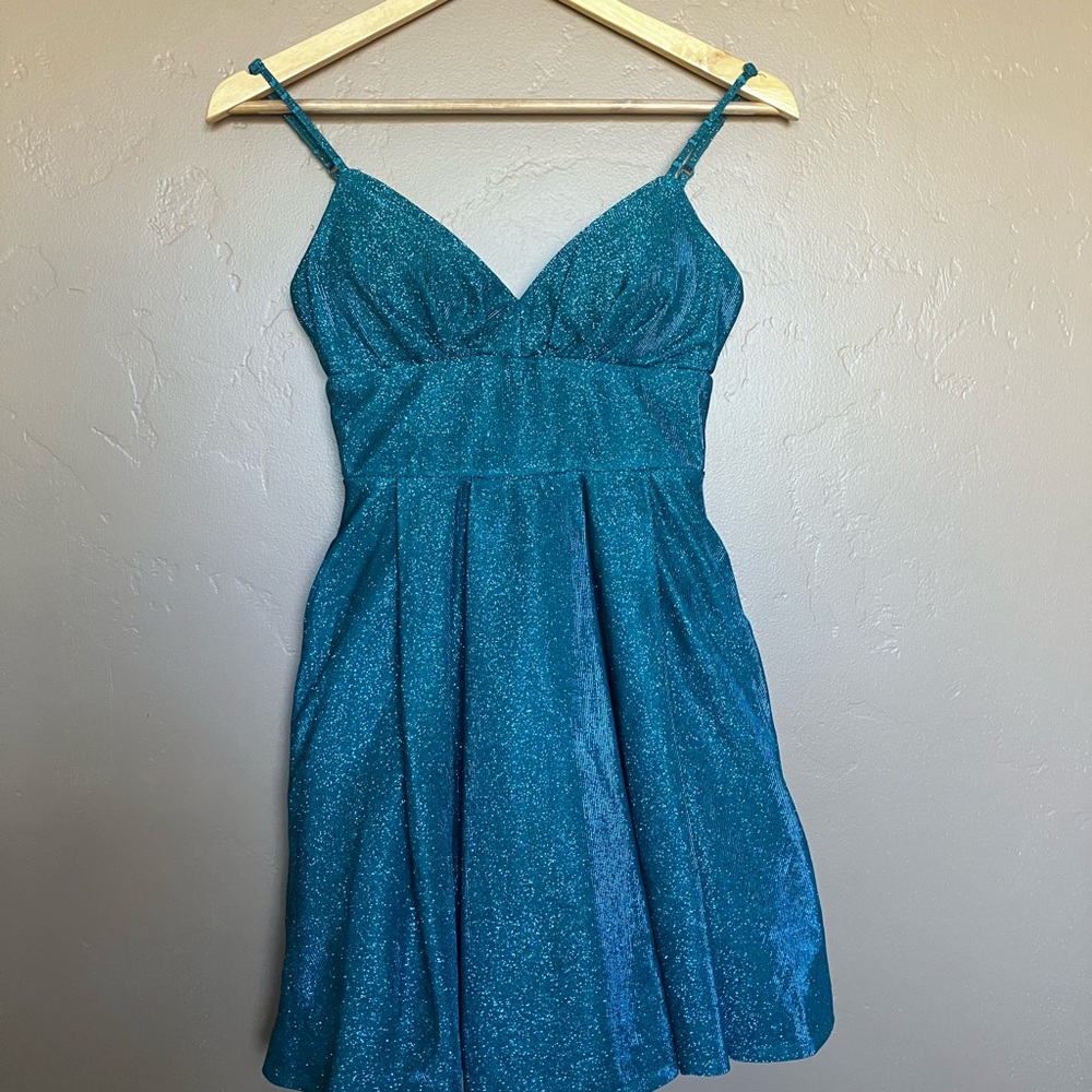 B Darlin Teal Sparkle Mini Dress